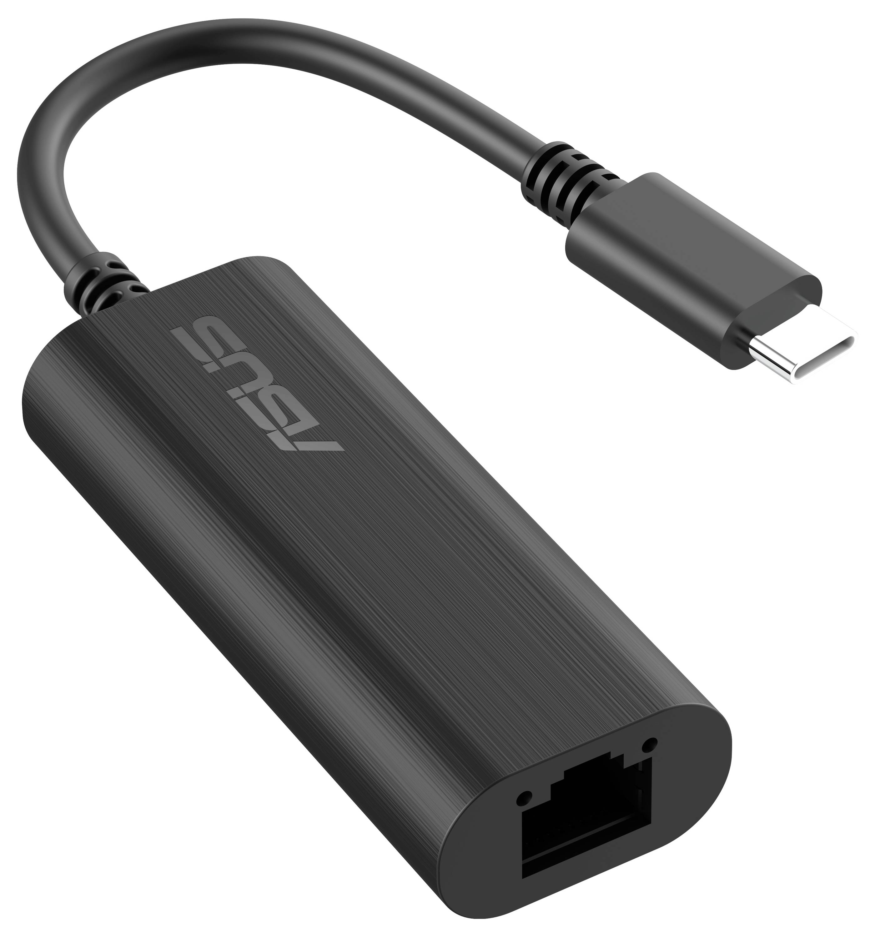 Ein schwarzer USB-C auf Ethernet-Adapter mit einem kurzen Kabel, mit dem Markennamen auf seinem Gehäuse.