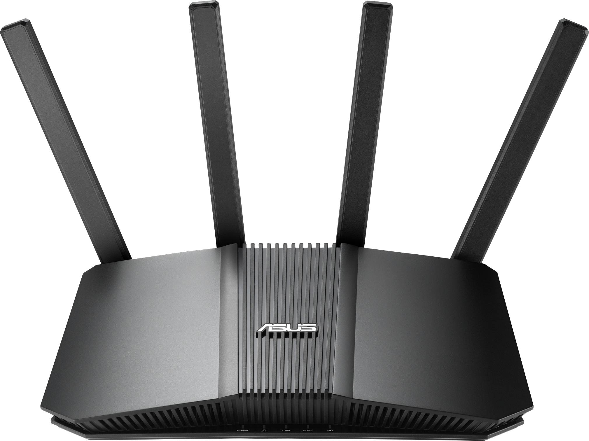 Ein schwarzer drahtloser Router mit vier nach oben gestreckten Antennen, auf dessen Vorderseite das 'Asus'-Logo zu sehen ist.