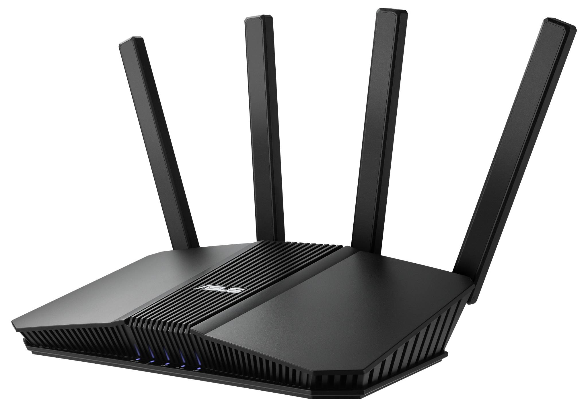 Ein schwarzer WLAN-Router mit vier nach oben gewinkelten Antennen, konzipiert für schnelle Internetverbindungen in Heim- oder Büroumgebungen.