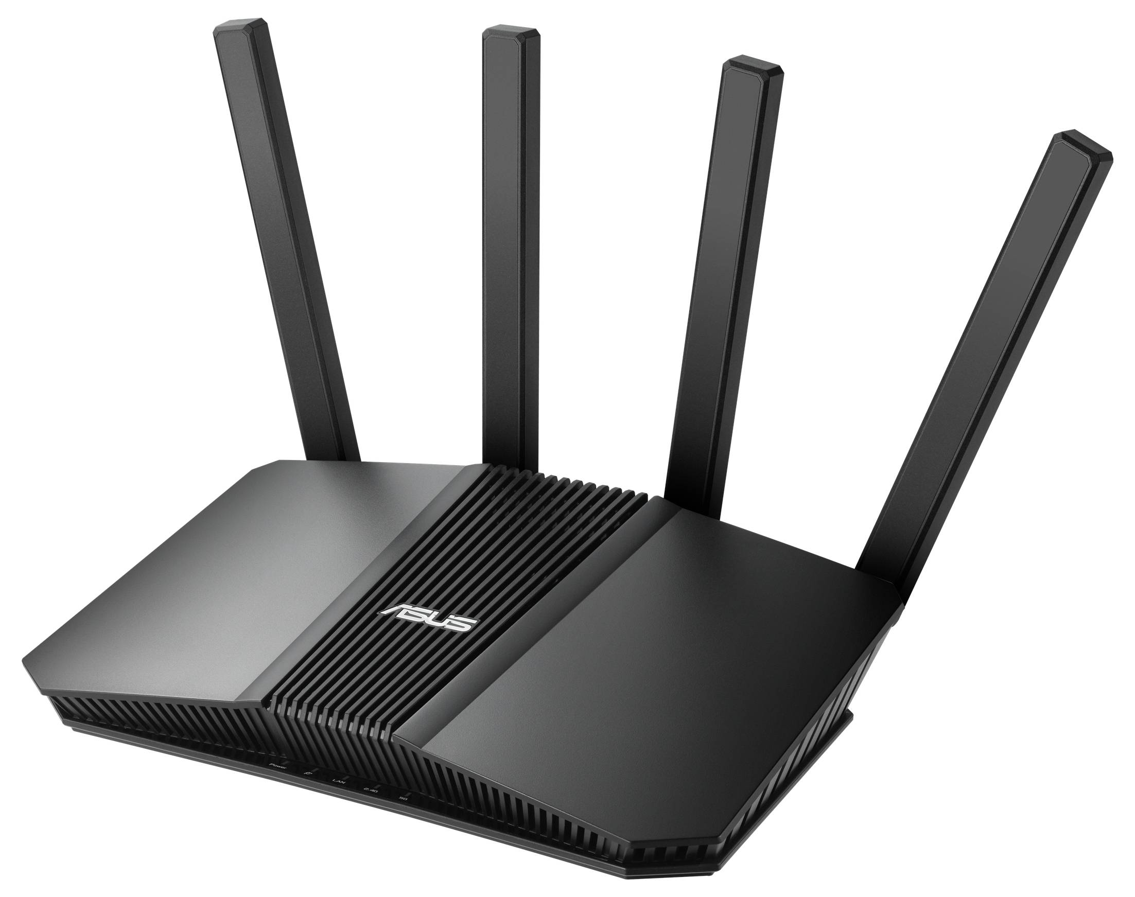 Ein schwarzer WLAN-Router mit vier Antennen, auf weißem Hintergrund, mit der Markenlogo oben drauf.