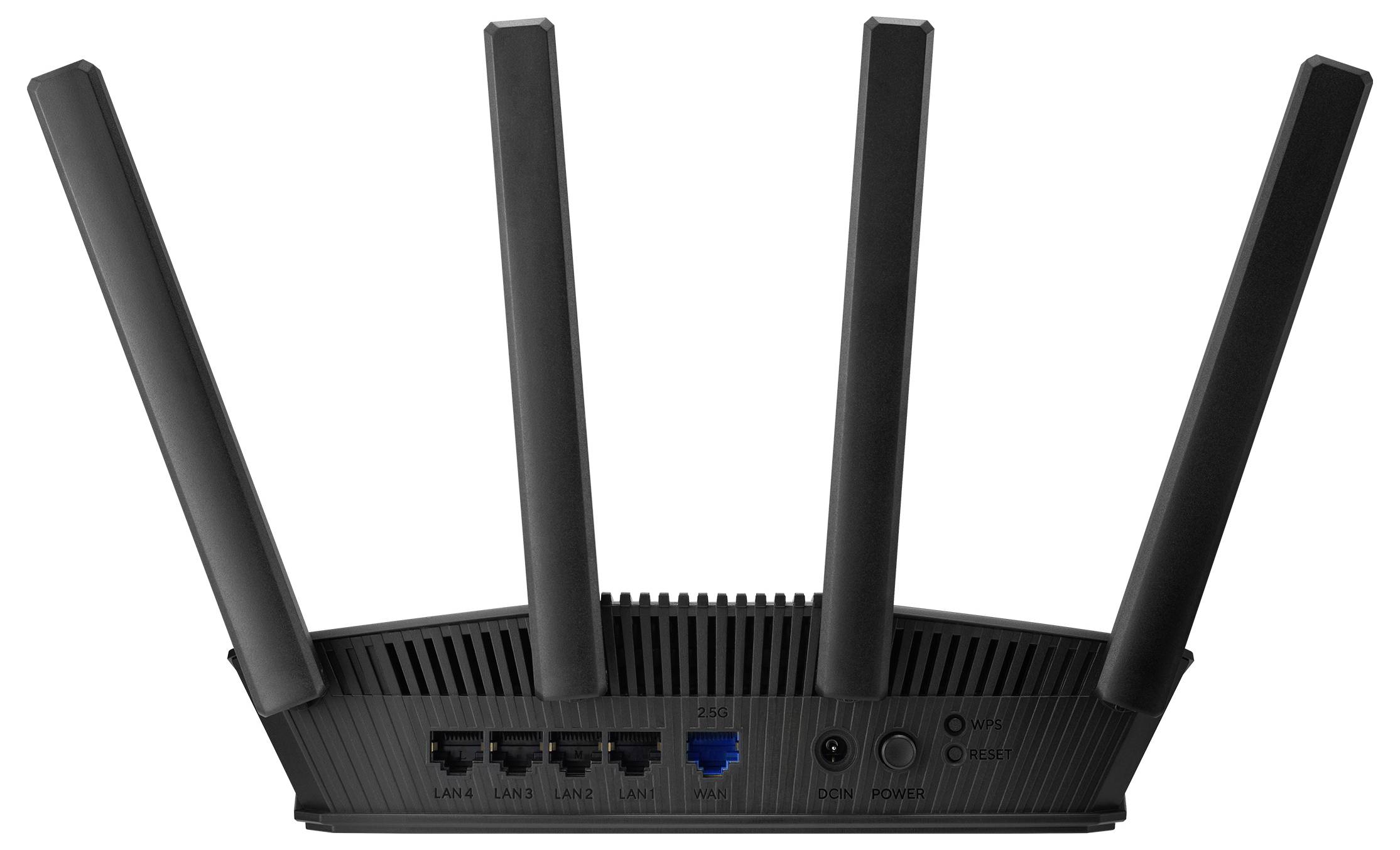 Ein schwarzer WLAN-Router mit vier Antennen, von hinten gezeigt mit verschiedenen Anschlüssen, darunter LAN-, WAN- und Stromversorgungsanschlüsse.