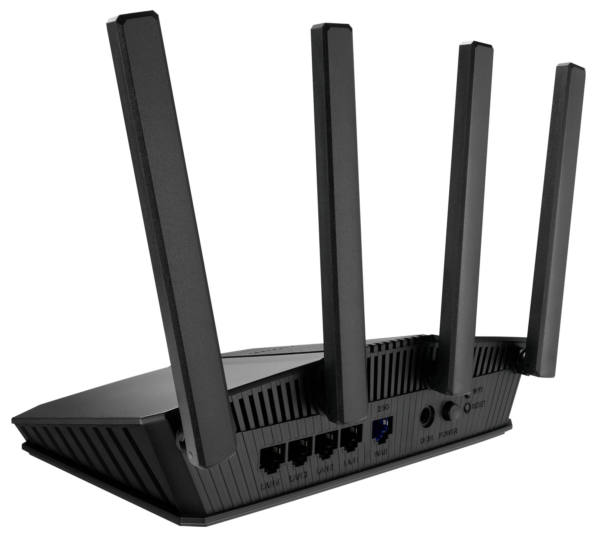 Ein schwarzer WLAN-Router mit vier externen Antennen, mehreren Ethernet-Ports, einem Ein-/Ausschalter und einem WPS-Knopf, von hinten betrachtet.