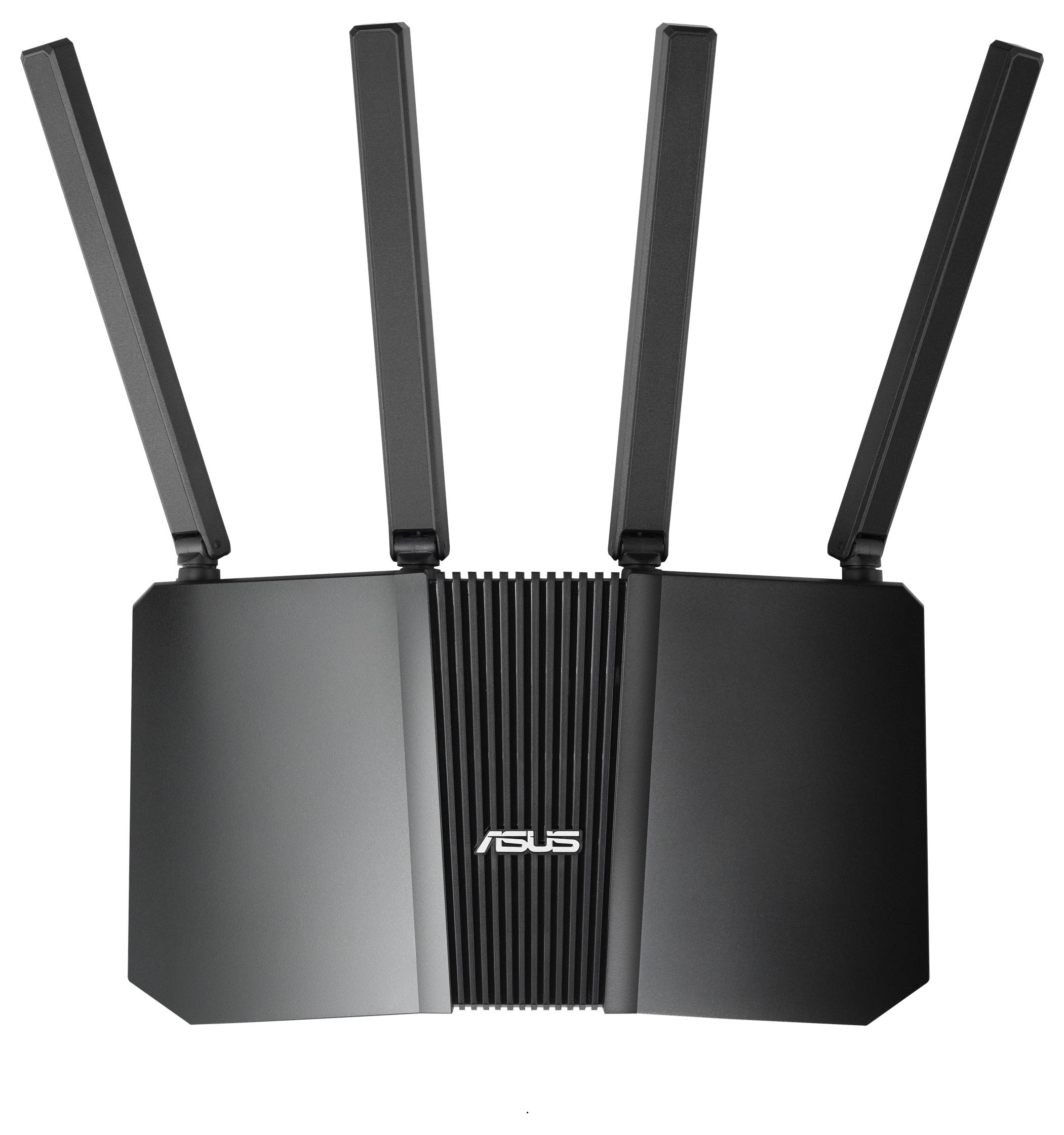 Ein schwarzer ASUS-WLAN-Router mit vier vertikal angeordneten Antennen, entwickelt für hochgeschwindigkeitsinternetverbindungen.