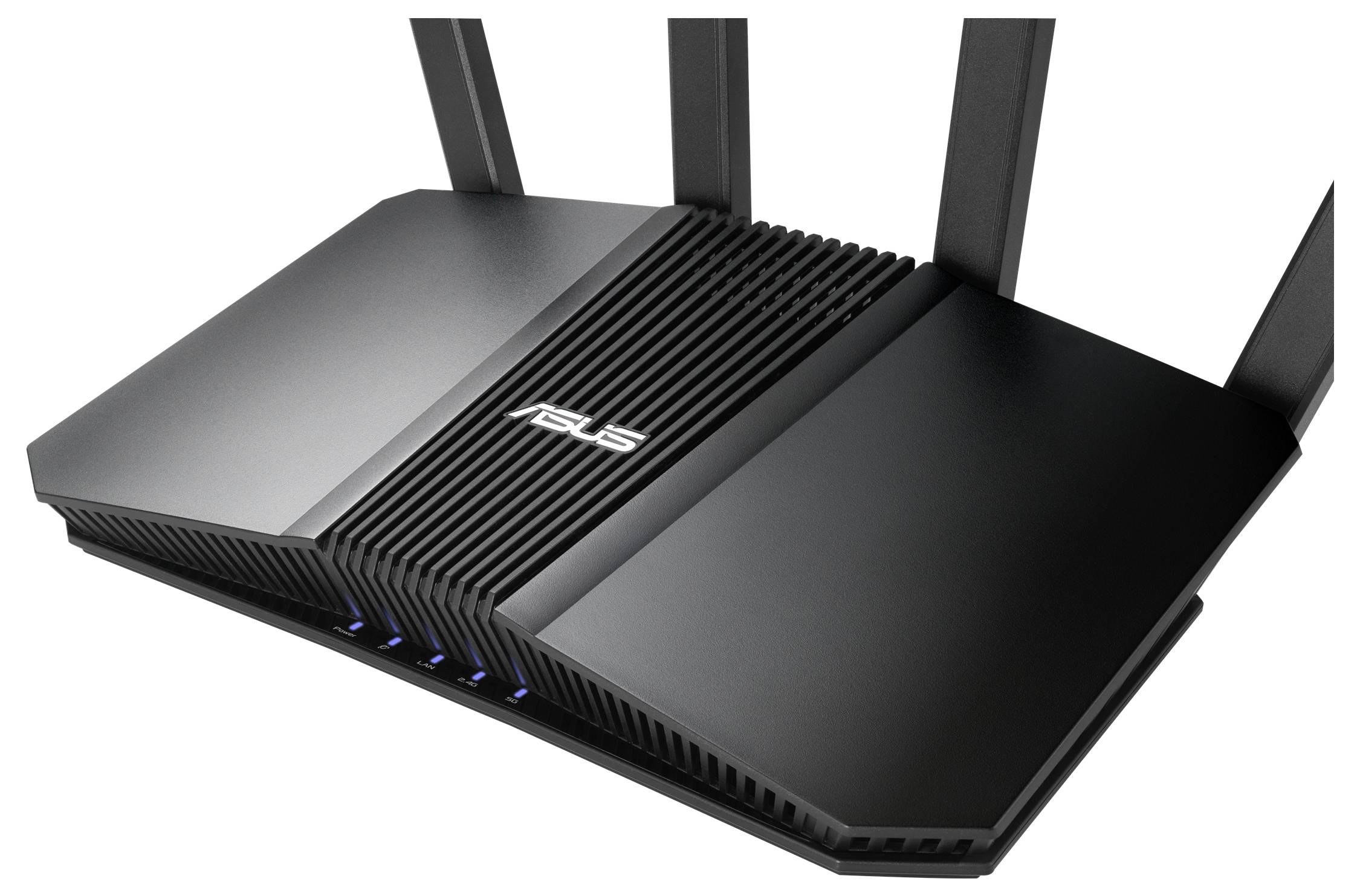 Ein schwarzer ASUS Wireless Router mit mehreren Antennen, der durch ein schlankes Design und LED-Anzeigen an der Vorderseite gekennzeichnet ist.