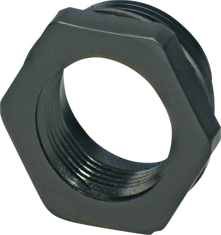 Eine schwarze sechseckige Plastikschraube zum Sichern von Gewindeanschlüssen oder Kabeln.
