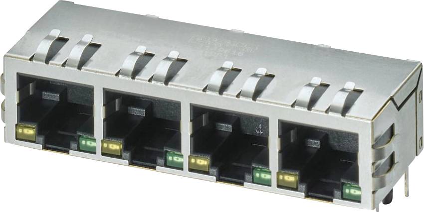 RJ45-Ethernet-Anschlussblock mit vier Ports, verwendet für Netzwerkverbindungen in Geräten, dargestellt mit metallischem Äußeren und farbcodierten Anzeigen.