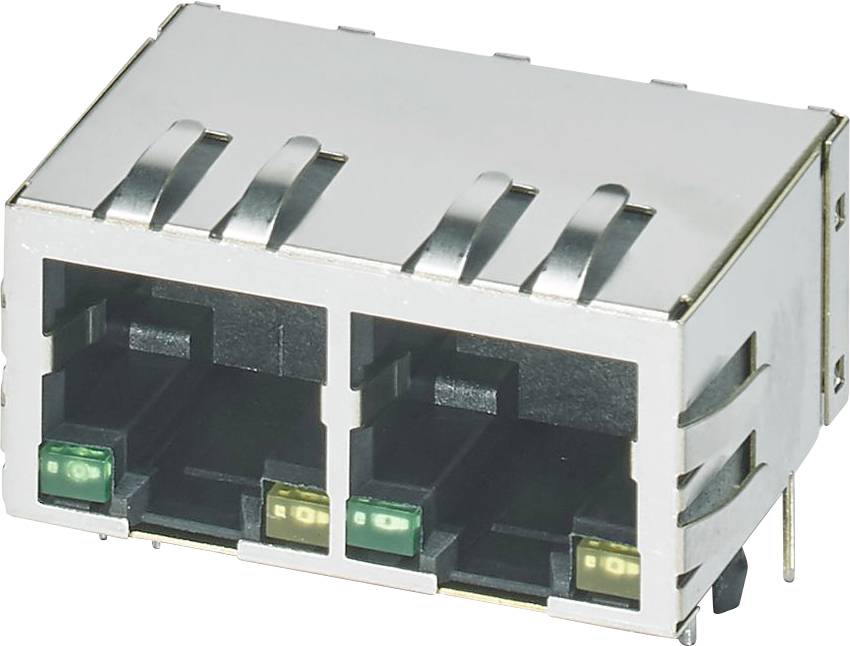 Eine Dual-Port-Ethernet-Buchse mit LED-Anzeigen an jedem Anschluss, die ein metallisches Silbergehäuse aufweist.