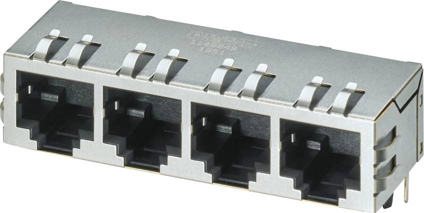 Vier-Port-RJ45-Ethernet-Anschlussblock, silberfarbenes Gehäuse, verwendet für Netzwerkverbindungen in elektronischen Geräten.