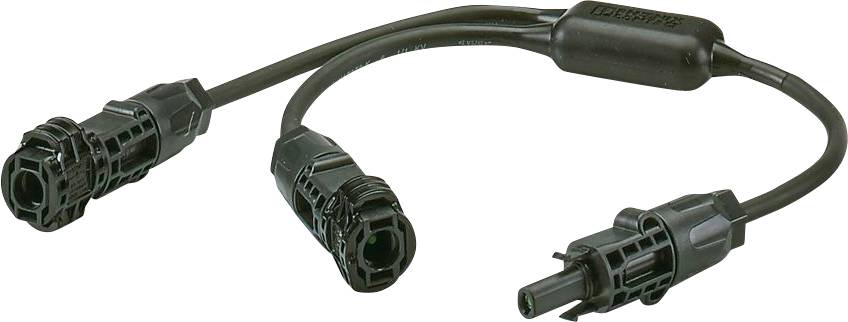 Zwei schwarze elektrische Anschlüsse, die durch Kabel miteinander verbunden sind und für Solaranlageninstallationen verwendet werden. Eine Seite teilt sich in zwei Anschlüsse, die andere Seite verfügt über einen einzelnen Anschluss.