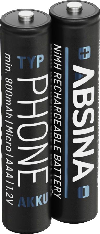 Zwei schwarze AA-Batterien mit 'ABSINA' und 'PHONE' Beschriftung, die einen NiMH-Akkutyp anzeigen. Kapazität: 800mAh, 1,2V.