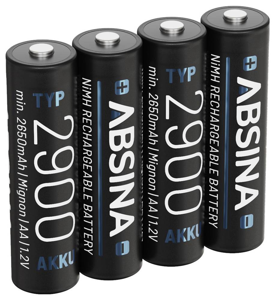 Vier schwarze AA-Batterien mit der Bezeichnung 'ABSINA', gekennzeichnet als NiMH-Typ mit 1,2V und einer Mindestkapazität von 2650 mAh.