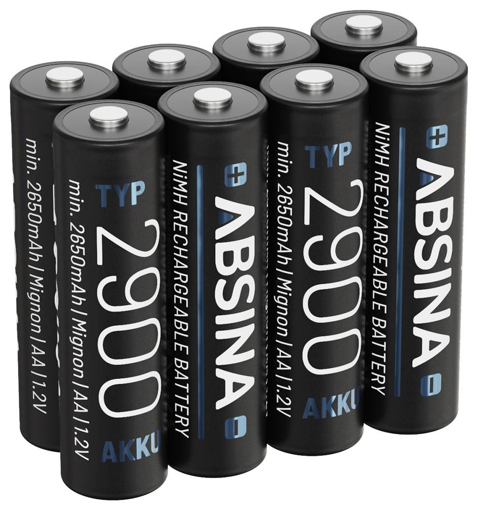 Sieben schwarze Abisna AA-Akkus sind zusammengruppiert, wobei jeder mit '2900 mAh, NiMH, 1,2V' gekennzeichnet ist. Sie sind für verschiedene elektronische Geräte geeignet.