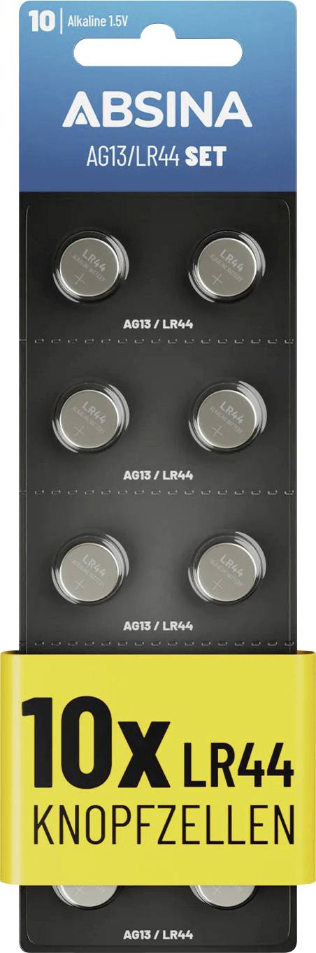 Packung mit zehn AG13/LR44 Alkaline-Knopfzellen, beschriftet mit '10x LR44 Knopfzellen'.