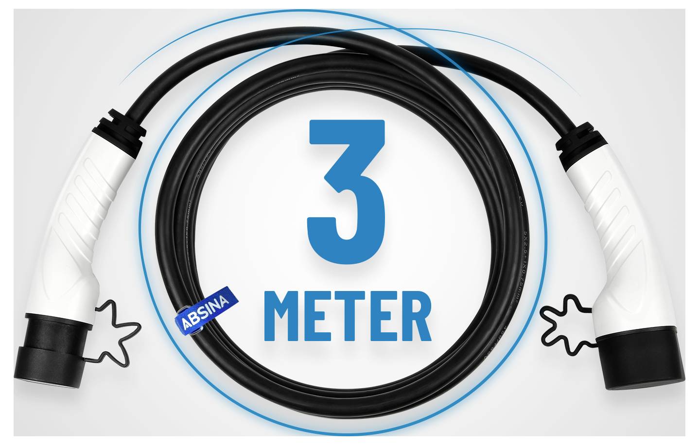 3-Meter-Elektrofahrzeug-Ladekabel mit Anschlüssen und 'ABSINA'-Beschriftung, zusammengerollt in einem Kreis dargestellt.