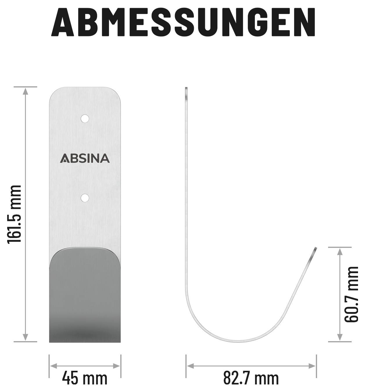 'ABMESSUNGEN' zeigt zwei metallische Objekte mit 'ABSINA' darauf. Links: 161,5 mm hoch, 45 mm breit. Rechts: U-förmig, 82,7 mm breit, 60,7 mm hoch.