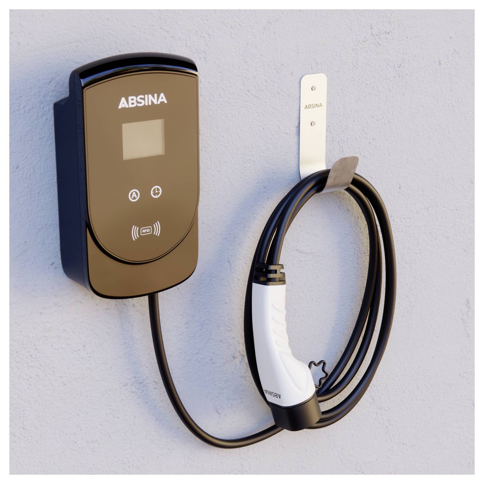 Schwarzer ABSINA Wandladegerät für Elektrofahrzeuge mit Kabel- und Steckdosenhalterung an einer hellgrauen Wand.