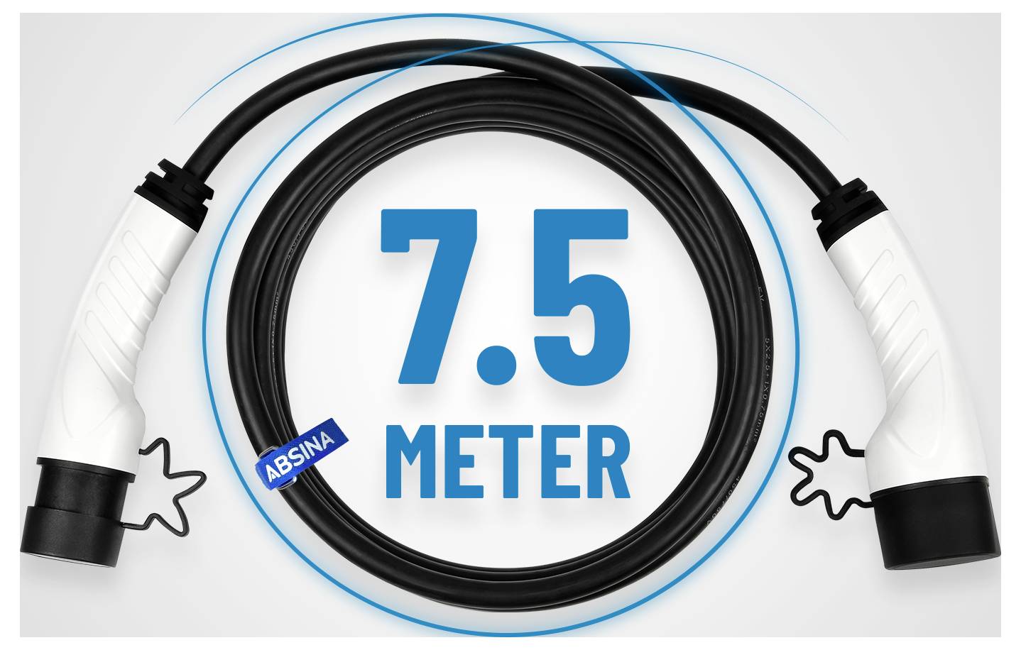 7,5-Meter-Kabel mit zwei schwarzen und weißen Anschlüssen, mit der Bezeichnung 'ABSINA', ordentlich aufgewickelt mit blauen Akzentlinien.