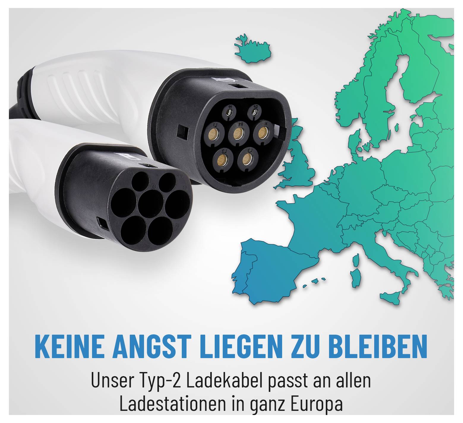 Keine Angst liegen zu bleiben. Unser Typ-2 Ladekabel passt an allen Ladestationen in ganz Europa.