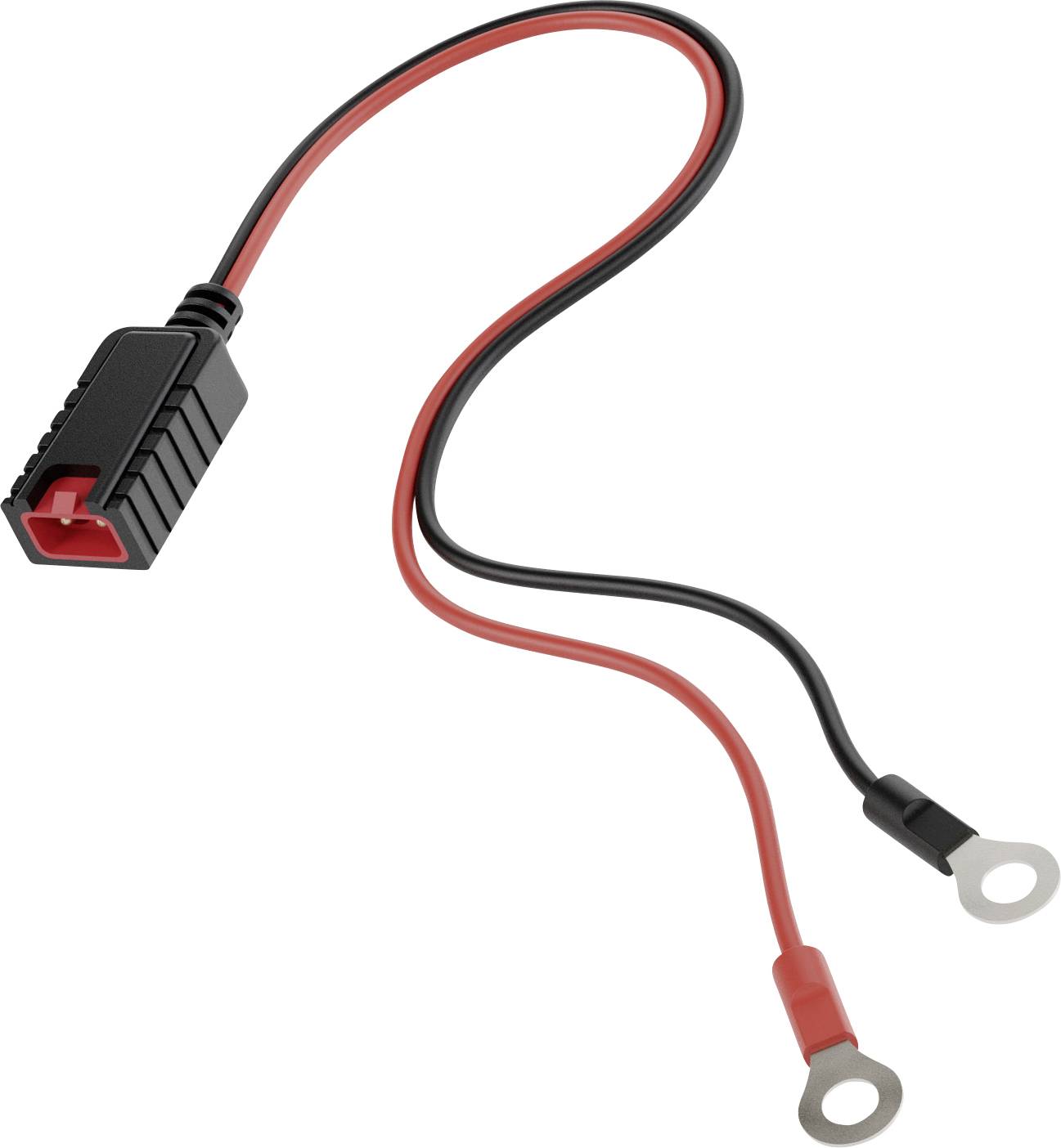 Batterieverbindungskabel mit Ringösen an einem Ende und einem rechteckigen Stecker am anderen Ende. Rote und schwarze Kabel zeigen die Polarität an.