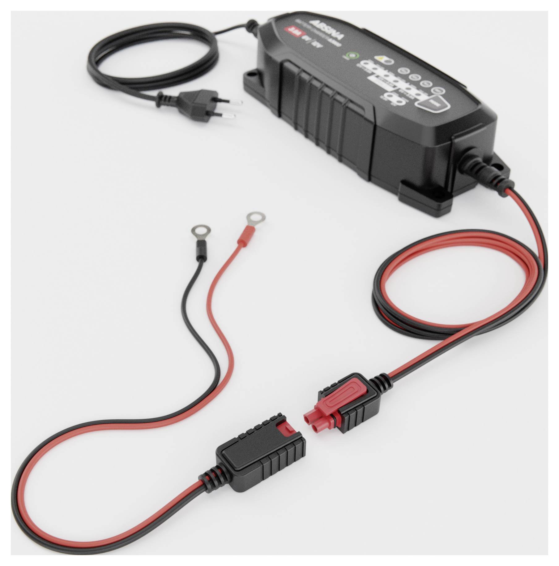 Ein schwarzes Ladegerät mit angeschlossenen Kabeln, Stecker und Klemmklemmen vor einem weißen Hintergrund.