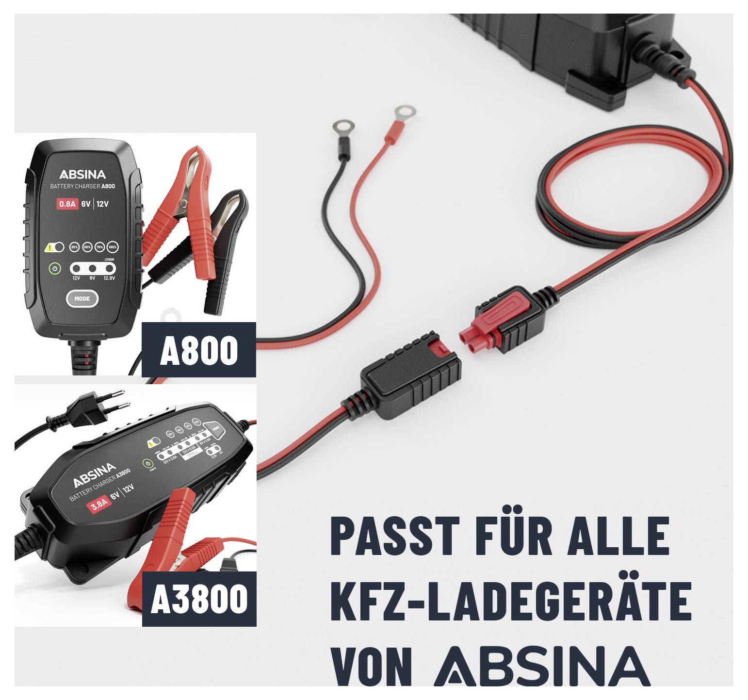 Ein schwarzes ABSINA-Ladegerät mit roten und schwarzen Kabeln, geeignet für verschiedene Fahrzeugladegeräte. Text lautet: 'Passt für alle KFZ-Ladegeräte von ABSINA'.