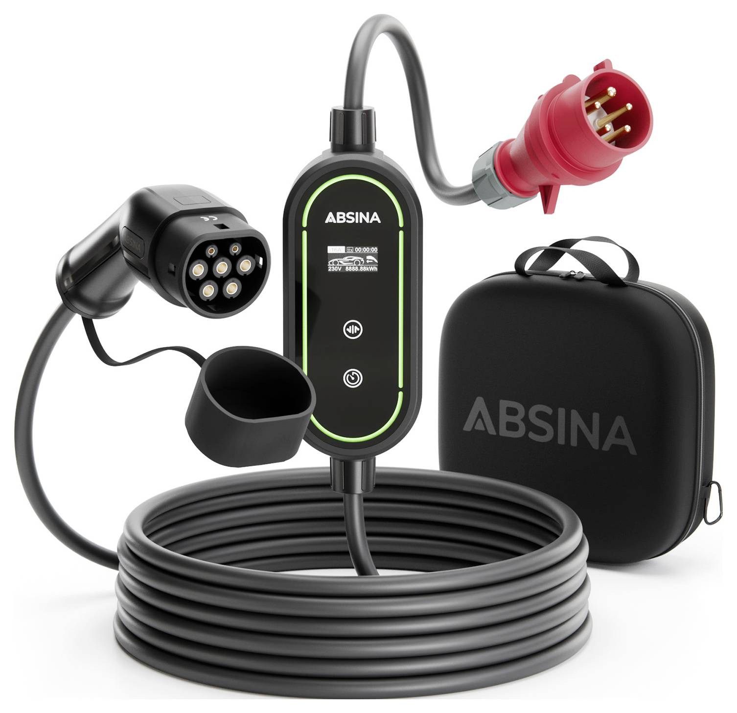 Elektrisches Fahrzeug-Ladekabel mit Steuereinheit und zwei Anschlüssen an jedem Ende; ABSINA-Branding ist auf dem Kabel und auf der Transporttasche sichtbar.