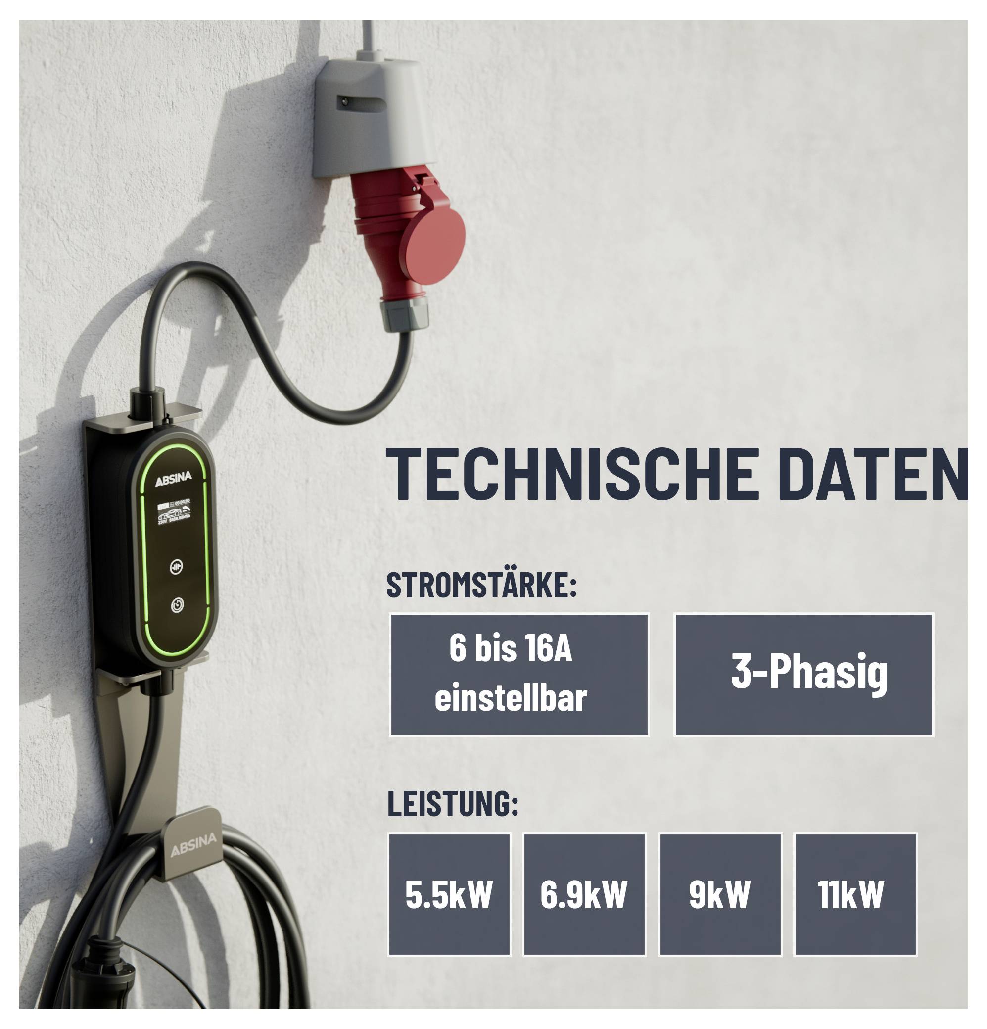 Wandmontierte Elektrofahrzeug-Ladeeinheit mit gekennzeichneten technischen Daten: einstellbarer Strom 6-16A, dreiphasig, Leistungsoptionen 5,5kW, 6,9kW, 9kW, 11kW.