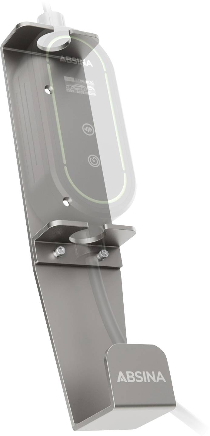 Wandmontierter ABSINA Ladestationshalter mit Ladekabelhaken und sichtbarer Markenbezeichnung.