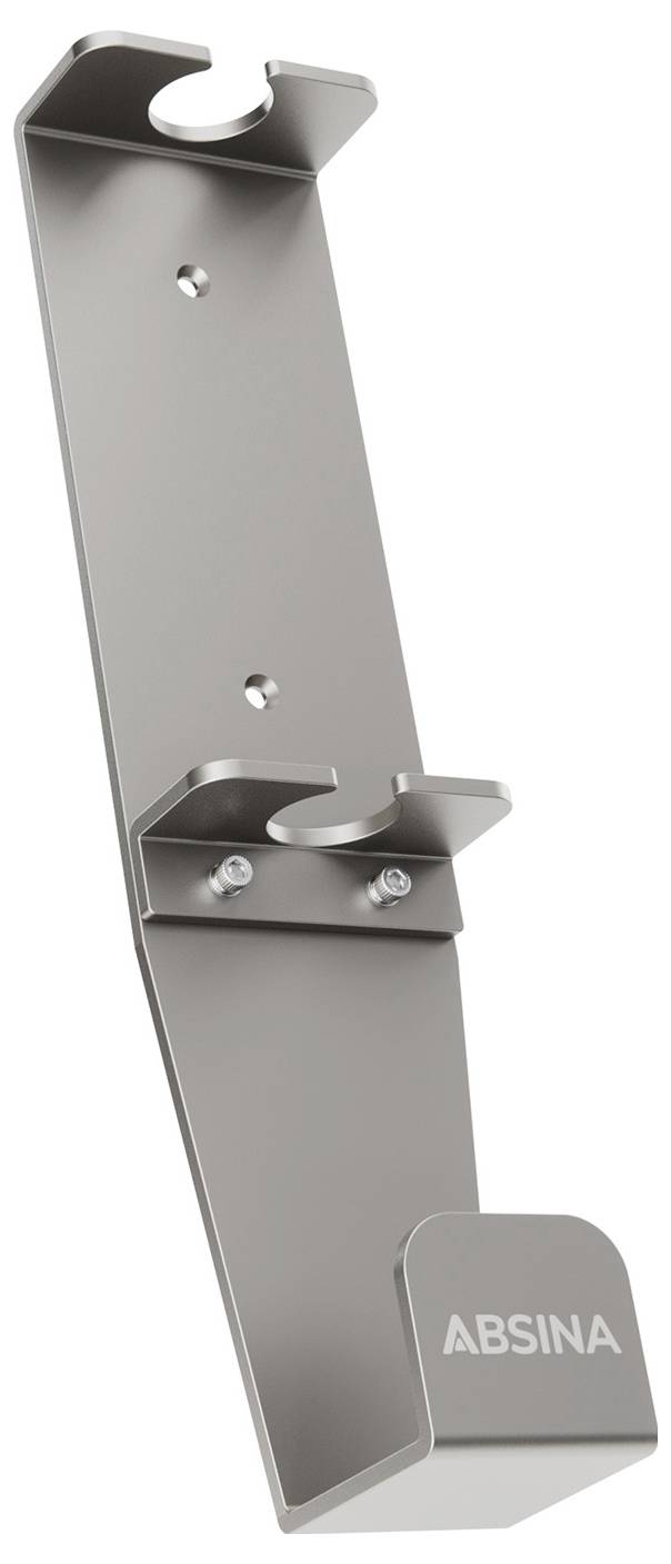 Wandhalterung aus Edelstahl mit zwei Schlitzen und drei Befestigungselementen, mit der Markenbezeichnung 'ABSINA' auf dem unteren Bereich.