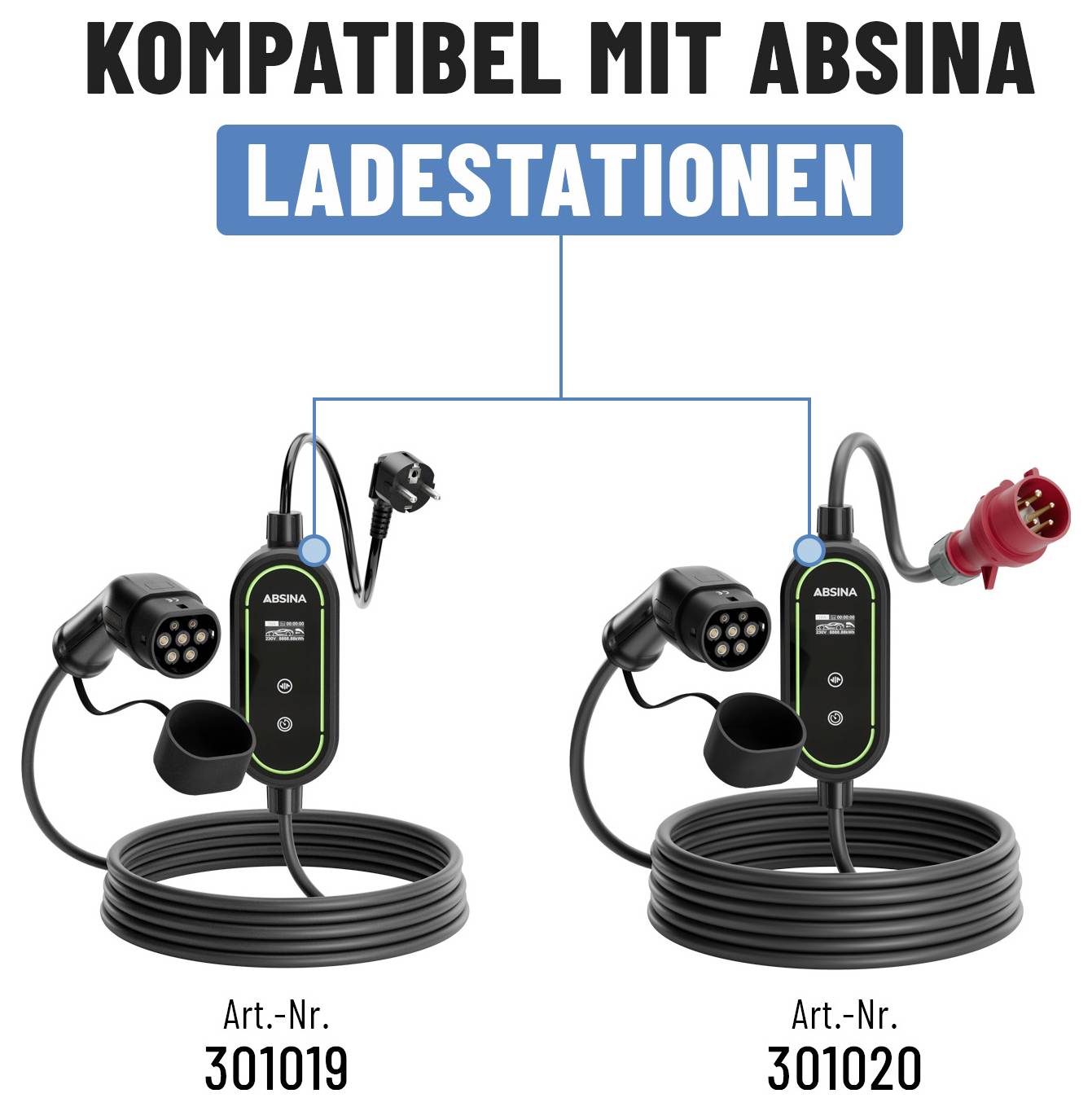 Kompatibel mit Absina Ladestationen, zeigt zwei Ladekabel mit den Produktnummern 301019 und 301020.
