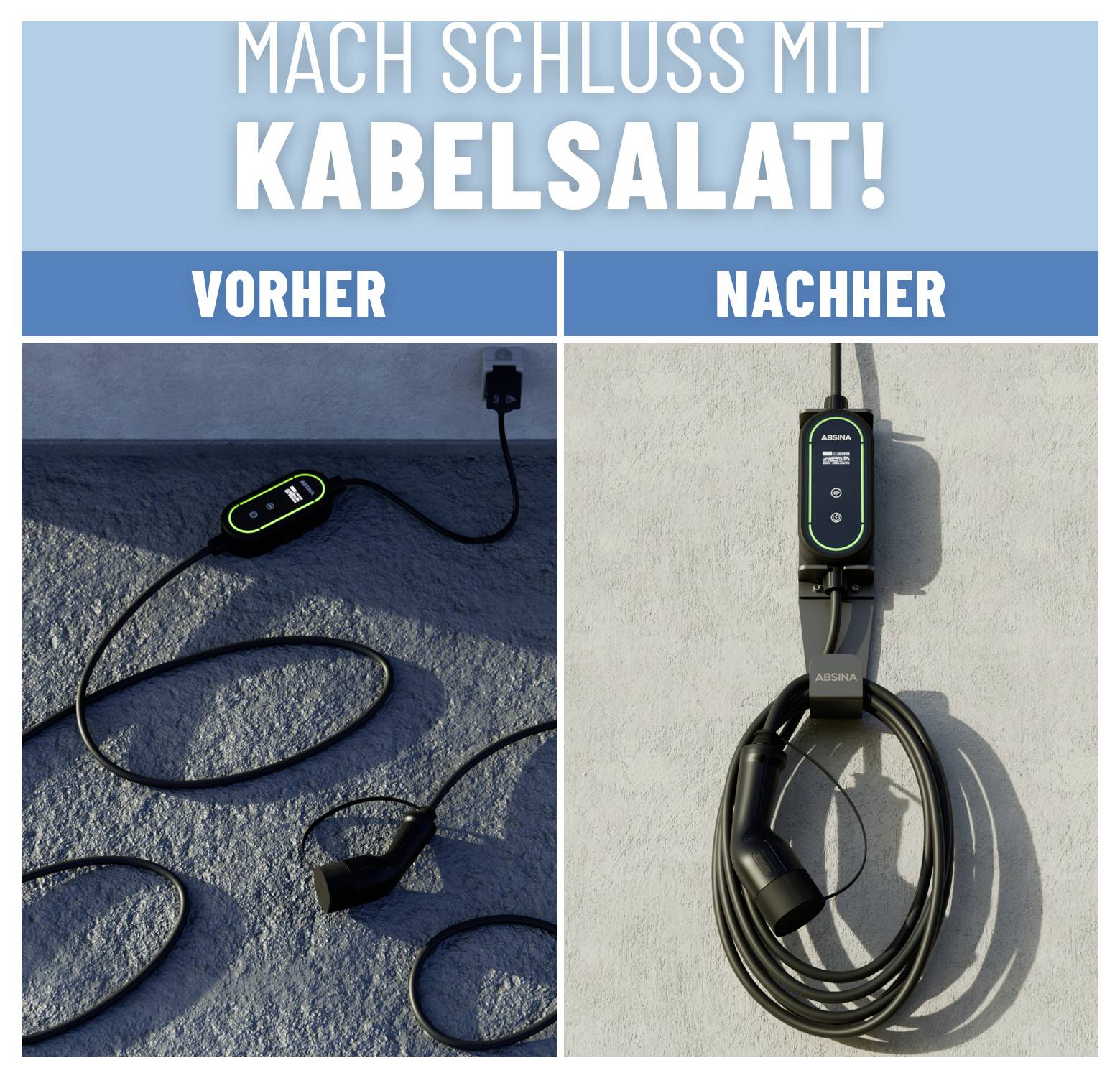 Das Bild zeigt einen Vorher-Nachher-Vergleich von verwickelten Kabeln versus ordentlich sortierten Kabeln. Es bewirbt Kabelmanagement-Lösungen.