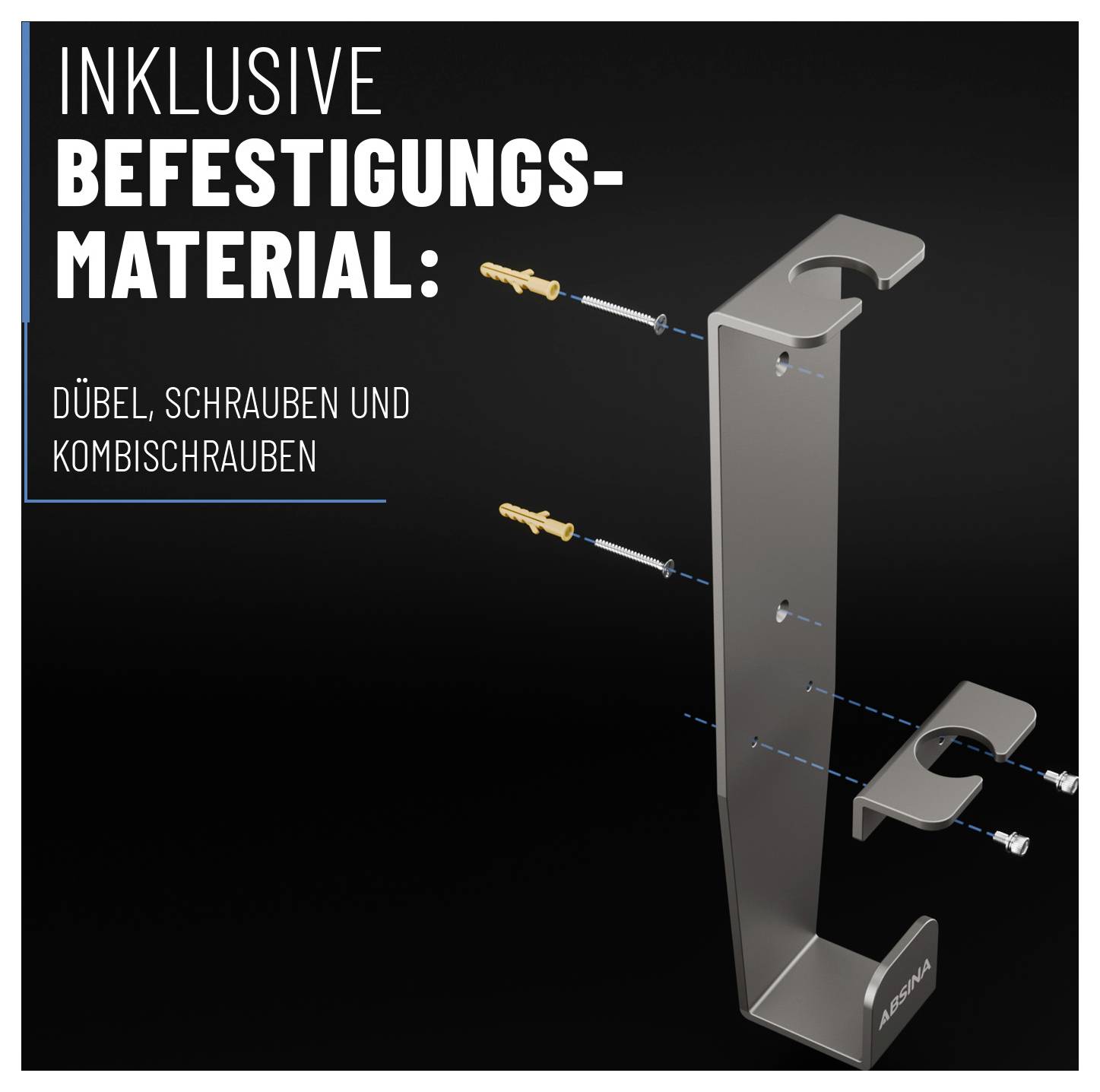 Das Bild zeigt eine Wandhalterung mit mitgeliefertem Befestigungsmaterial: Dübel, Schrauben und Kombischrauben. Der deutsche Text besagt „inklusive Befestigungsmaterial