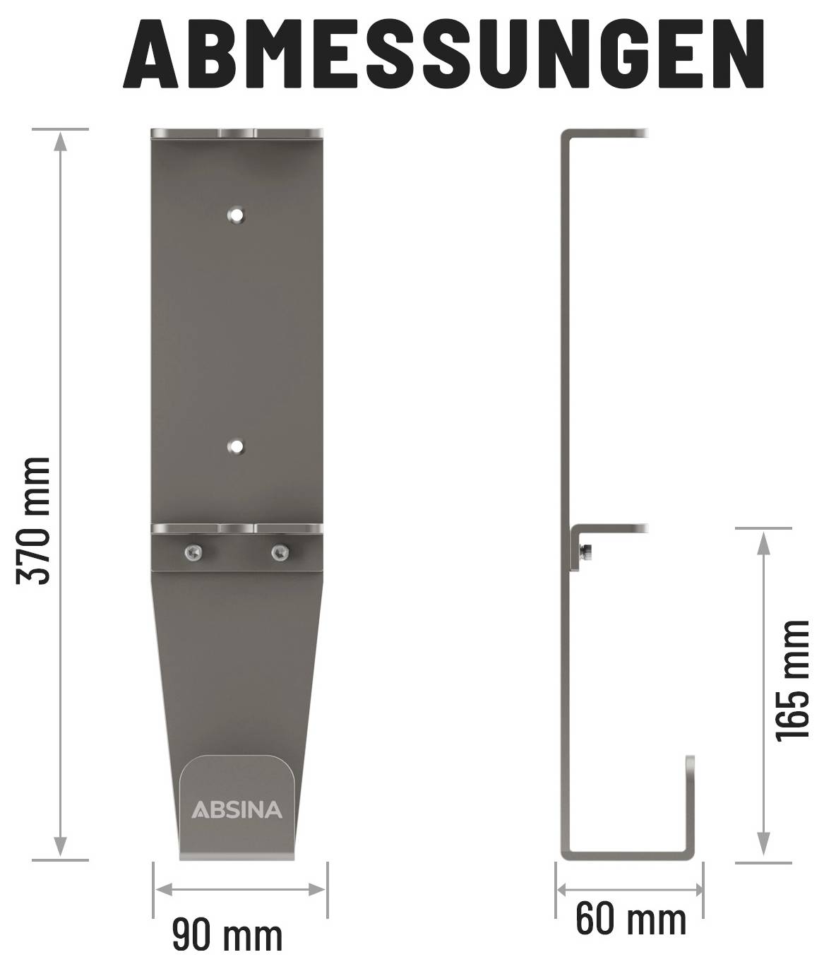 'Abmessungen' Darstellung mit einer Halterung und folgenden Dimensionen: 370 mm Höhe, 90 mm Breite Vorderansicht, 165 mm Höhe, 60 mm Breite Seitenansicht.