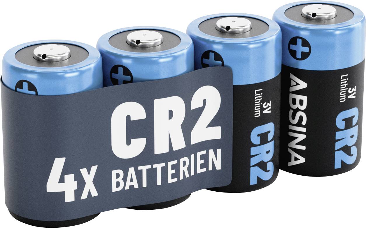 Vier CR2-Lithiumbatterien in blauer Verpackung mit '4x Batterien' und '3V Lithium CR2' aufgedruckt.