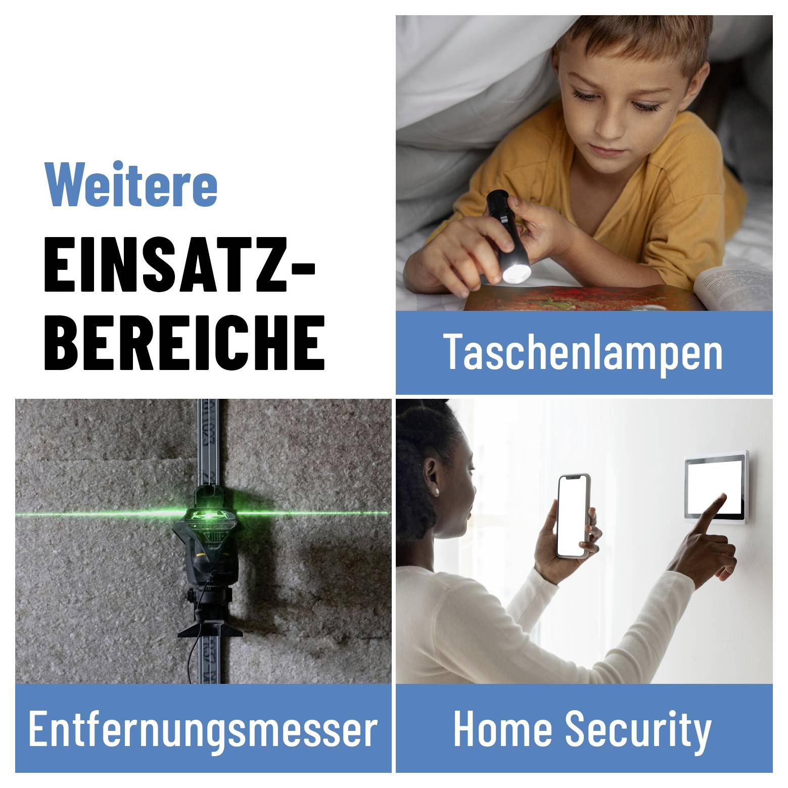 'Weitere Einsatzbereiche': Die Collage zeigt Taschenlampen, Entfernungsmesser und Home Security-Anwendungen in verschiedenen Szenarien.