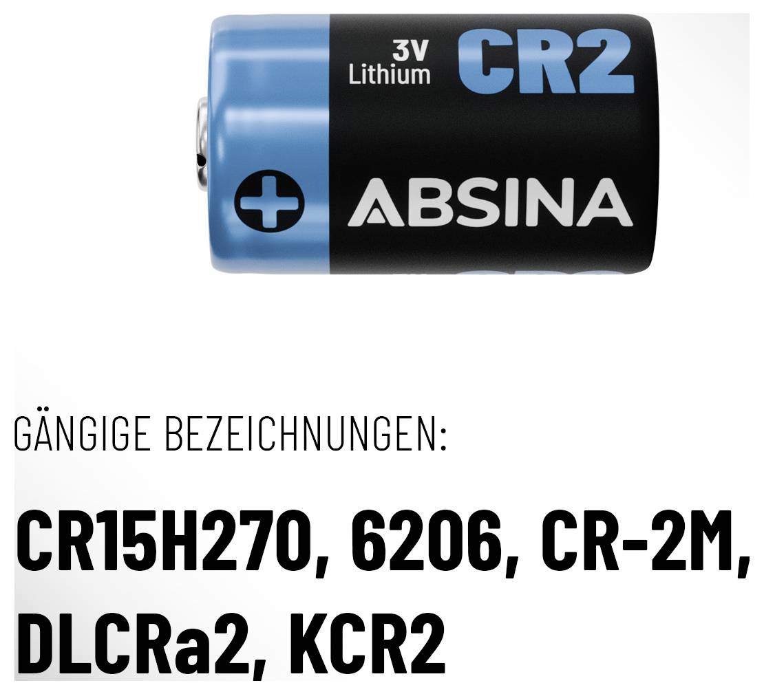 Eine Lithium-Batterie CR2 von der Marke Absina, 3V. Gängige Bezeichnungen: CR15H270, 6206, CR-2M, DLCRa2, KCR2.