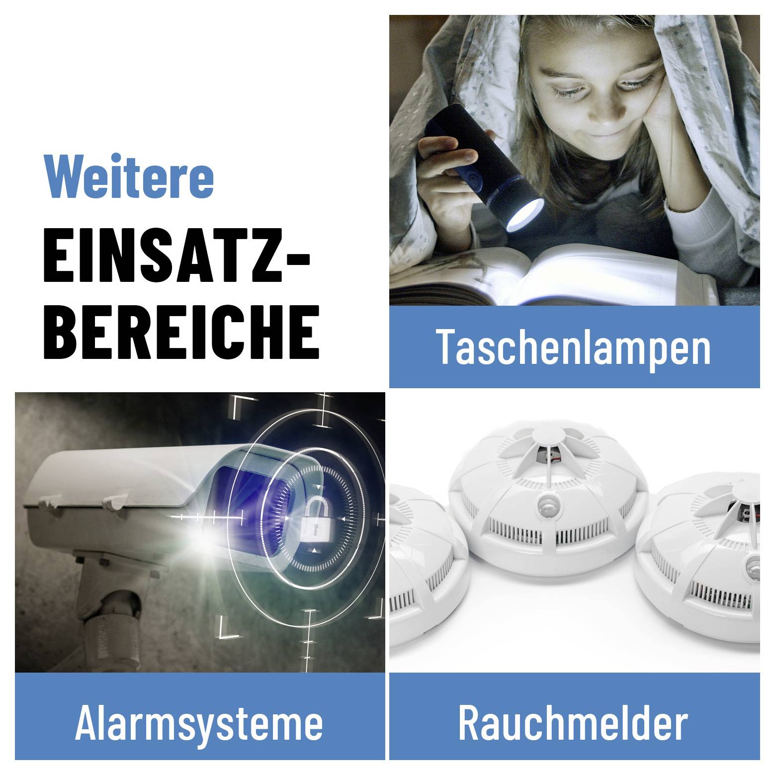 'Weitere Einsatzbereiche': Bilder von Taschenlampen, Alarmsystemen und Rauchmeldern. Eine Frau liest mit Taschenlampe.