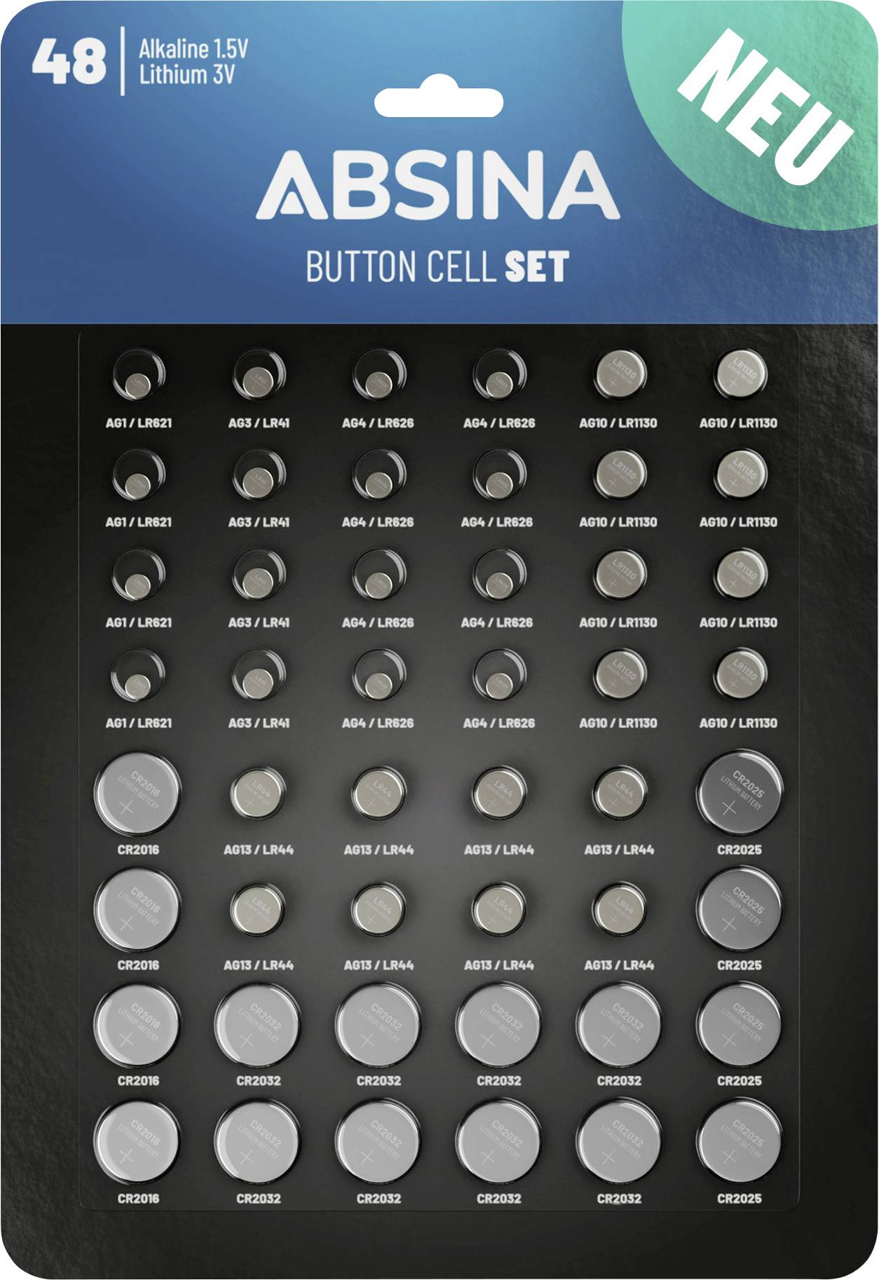 'ABSINA Knopfzellensortiment' Verpackung mit 'NEU' Etikett. Enthält 48 Knopfzellen: AG9/LR936, AG3/LR41, AG4/LR626, CR2032, CR2025, CR2016.