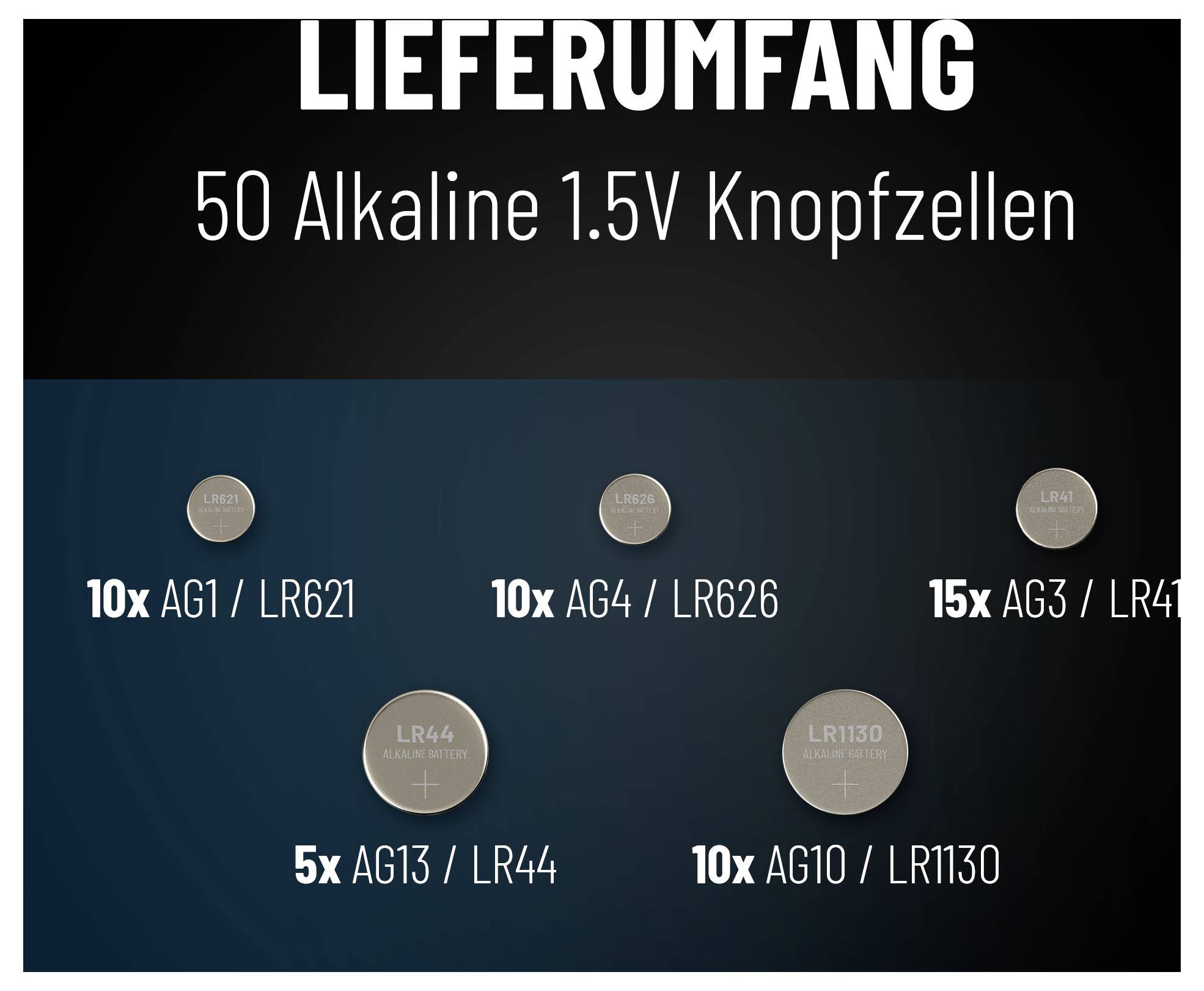 'Lieferumfang: 50 Alkaline 1,5V Knopfzellen' mit Mengen: 10x AG1/LR621, 10x AG4/LR626, 15x AG3/LR41, 5x AG13/LR44, 10x AG10/LR1130.