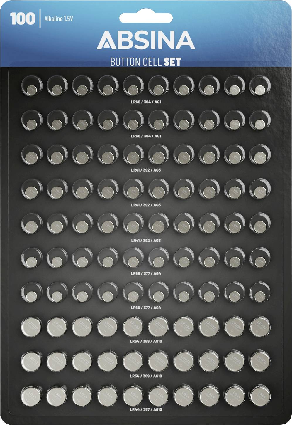 Eine Packung mit 100 ABSINA 1,5V Alkaline-Knopfzellen-Batterien, gekennzeichnet mit den Typen LR60/364/AG1, LR41/392/AG3 und weiteren in Reihen.