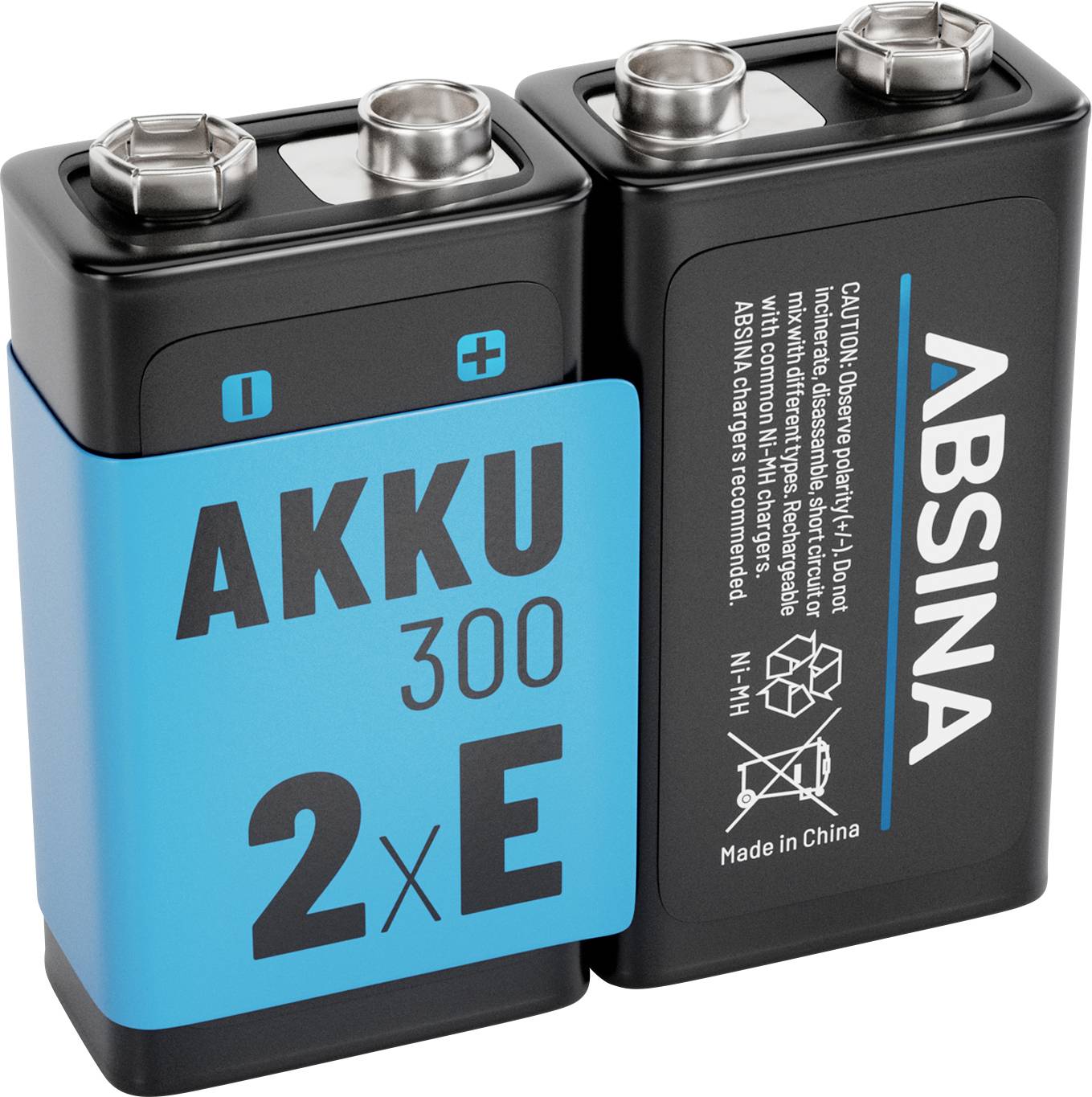 Zwei 9V-Batterien nebeneinander angeordnet; eine Batterie zeigt 'AKKU 300 2xE', die andere ist mit 'ABSINA' markiert, mit Sicherheitsinformationen.