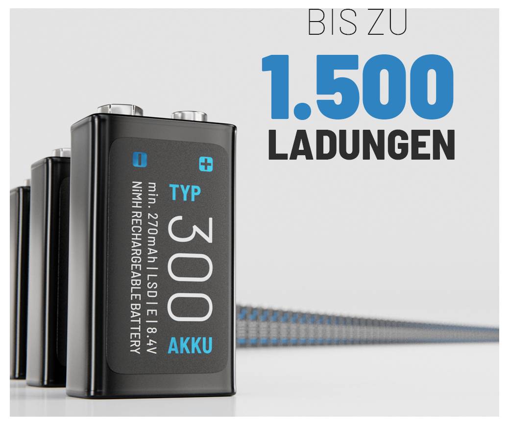Eine schwarze wiederaufladbare Batterie mit der Aufschrift 'Typ 300 Akku', im Fokus stehend. Text darüber liest sich 'Bis zu 1.500 Ladungen' und deutet auf Langlebigkeit hin.