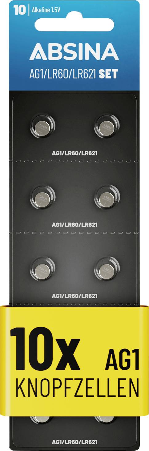 'Absina AG1/LR60/LR621 Alkaline 1,5V Knopfzellen-Batterien, 10er-Packung'. Durchsichtige Verpackung mit 10 sichtbaren Knopfzellen.