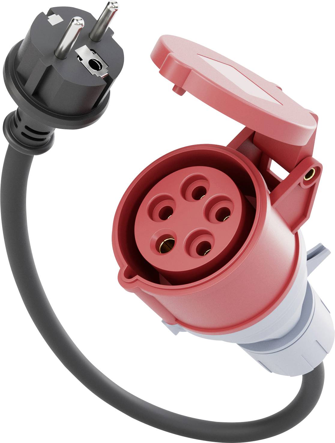 Ein roter industrieller Steckverbinder mit Schutzkappe und schwarzem Kabel, entwickelt für robuste elektrische Verbindungen.