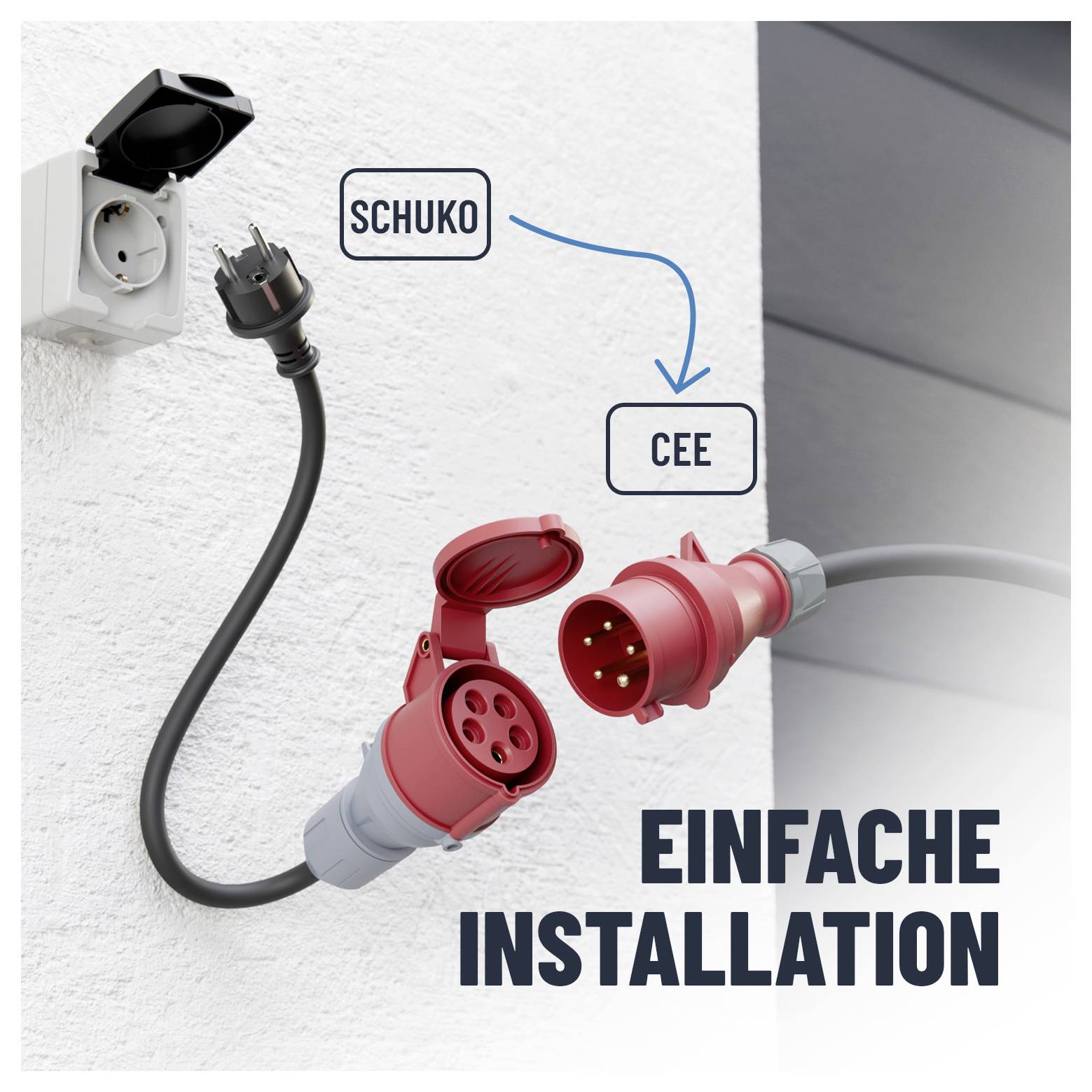 Ein Netzteil mit 'Schuko'-Stecker und 'CEE'-Buchse, gekennzeichnet zur Umwandlung, mit dem Text 'EINFACHE INSTALLATION'.