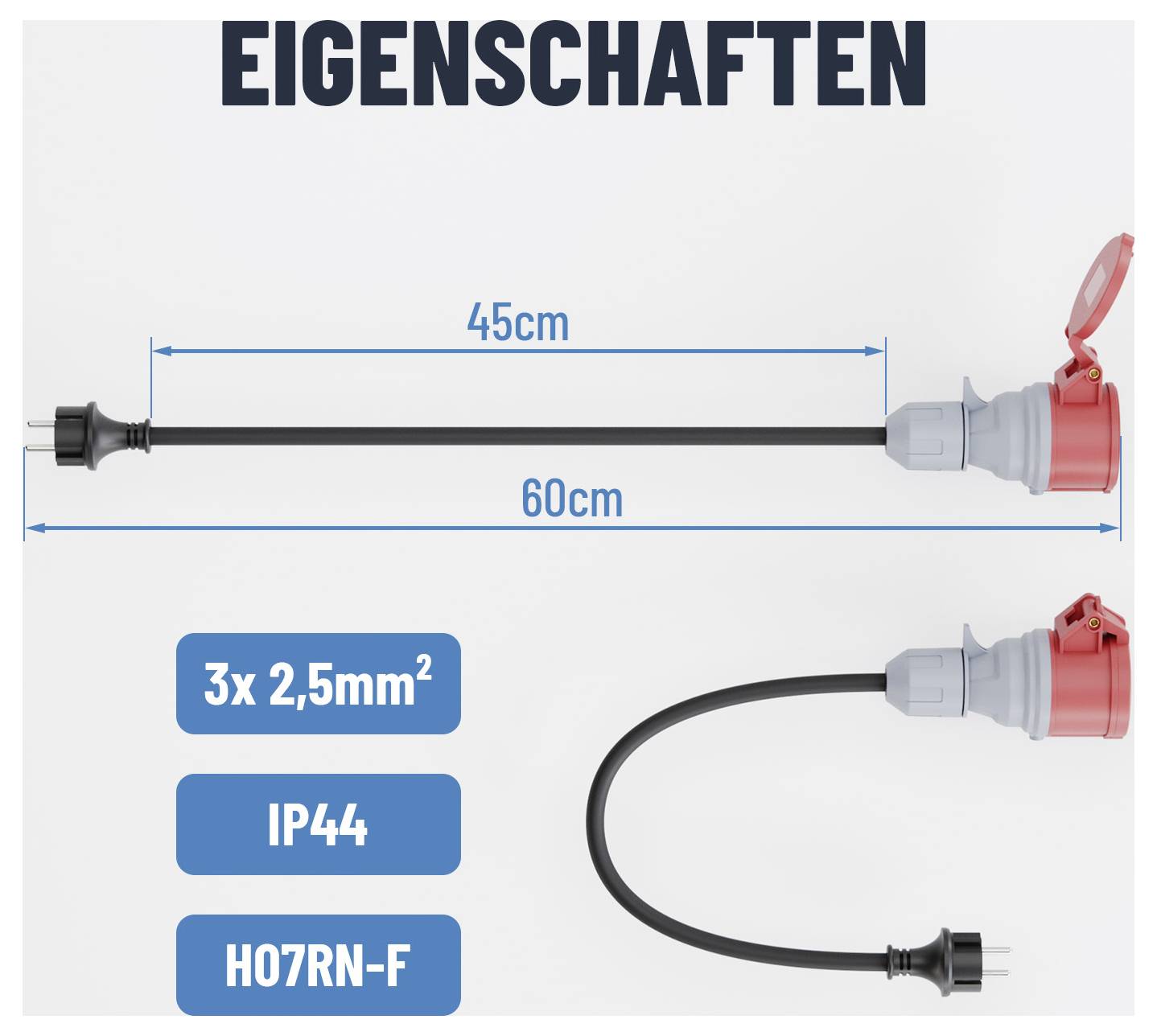 Bild eines elektrischen Verlängerungskabels mit Abmessungen: 45 cm und 60 cm. Merkmale umfassen 3x 2,5 mm², IP44-Schutzart und H07RN-F.