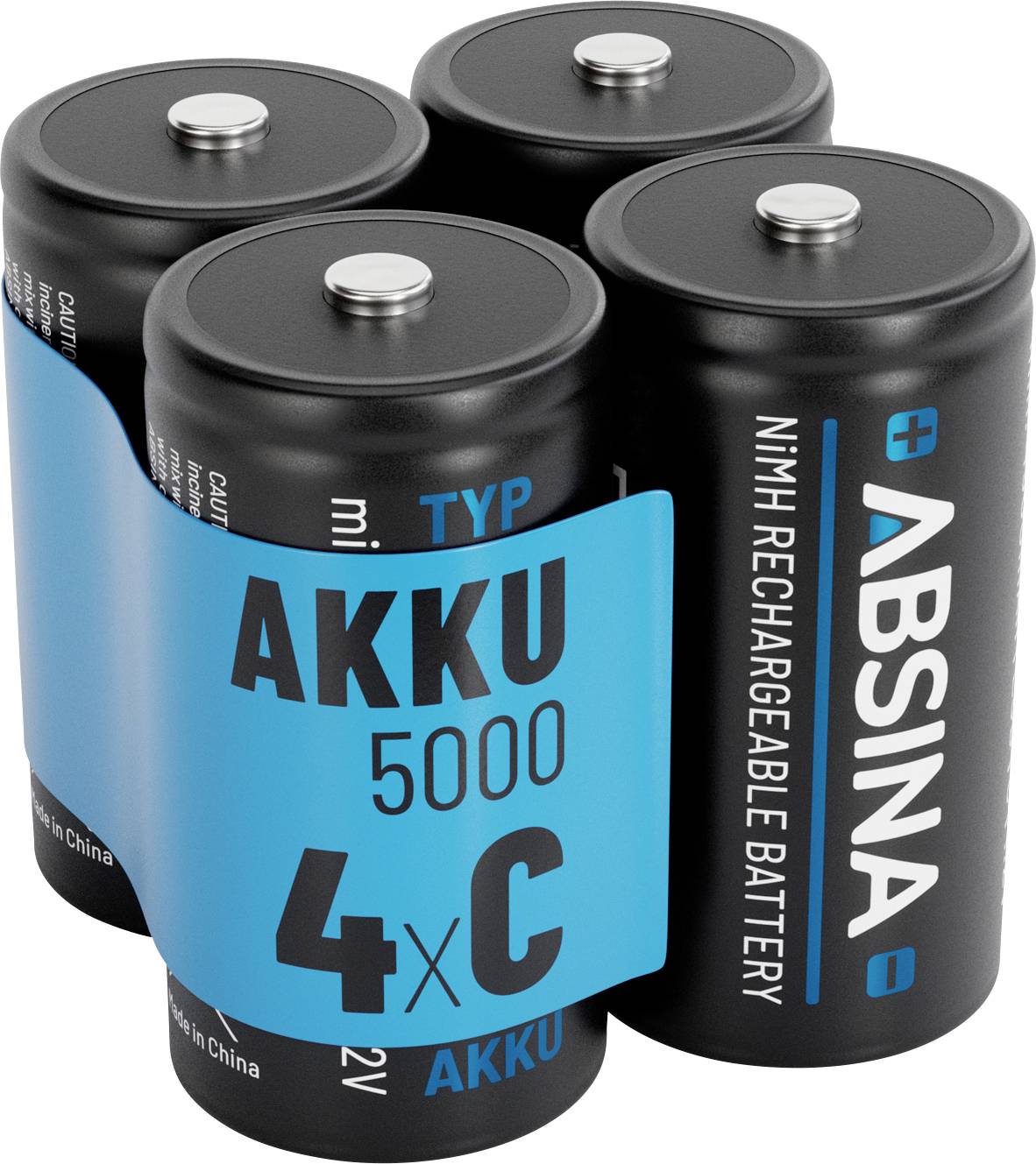 Vier Absina NiMH-Akkus in einer Packung mit der Aufschrift 'AKKU 5000 4xC', was Typ und Kapazität angibt.