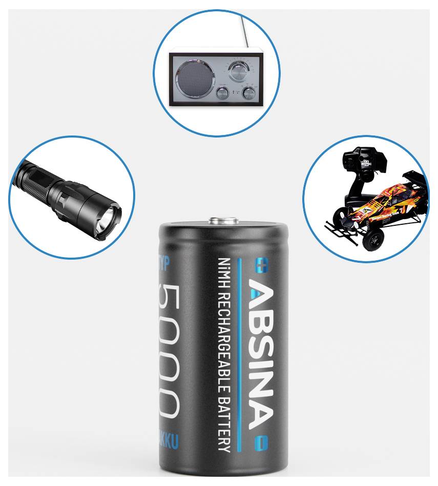 Eine schwarze wiederaufladbare Batterie mit der Aufschrift 'ABSINA 5000' ist umgeben von Bildern einer Taschenlampe, eines Radios und eines RC-Autos, die Kompatibilität zeigen.