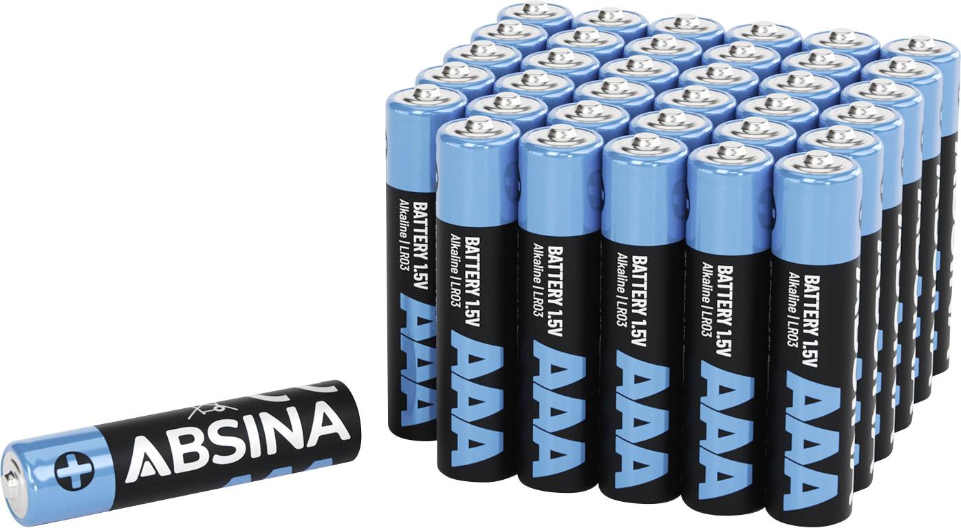 Eine Gruppe von 39 blauen und schwarzen AAA-Batterien mit 