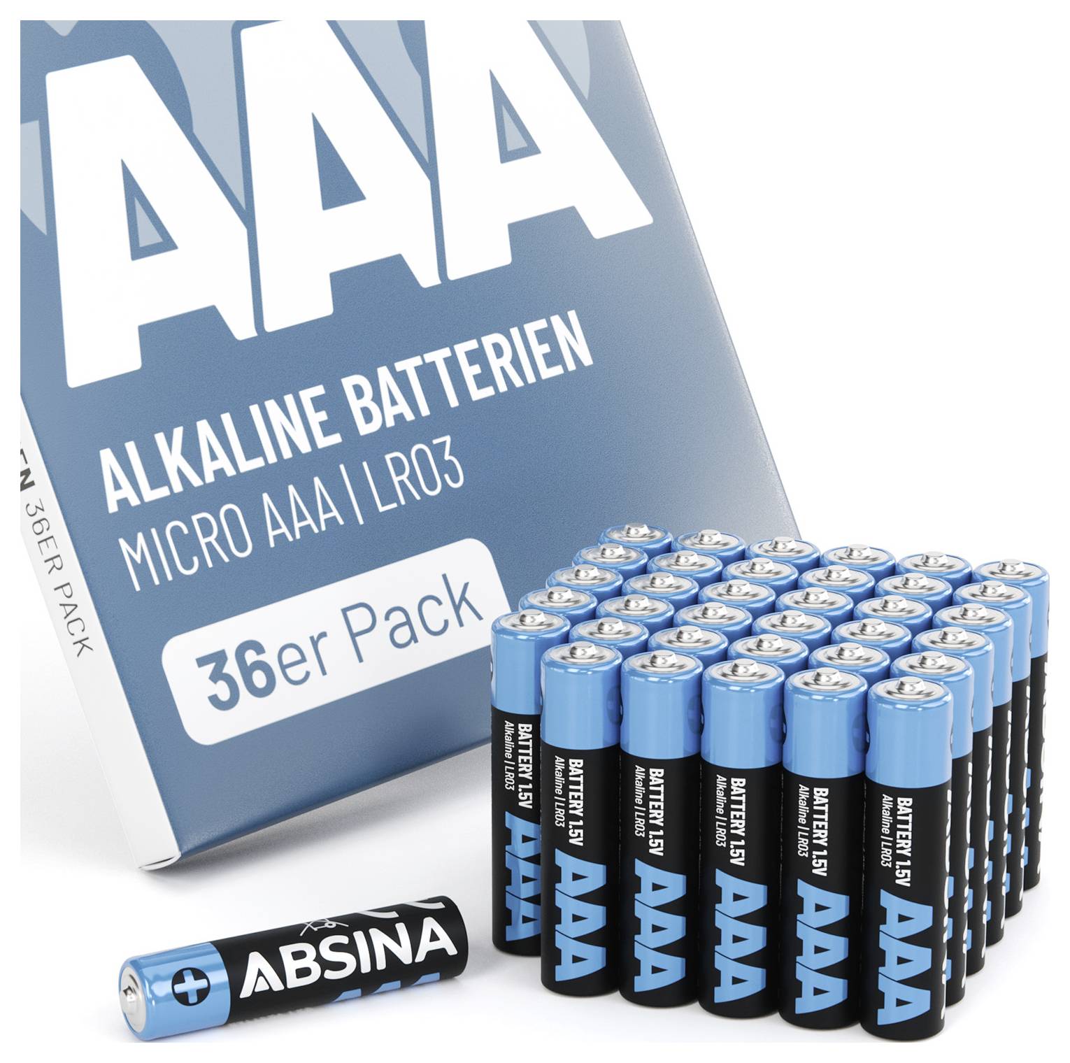 'AAA-Alkalibatterien, Micro AAA, LR03, 36er Pack' Verpackung mit in Reihen angeordneten Batterien.